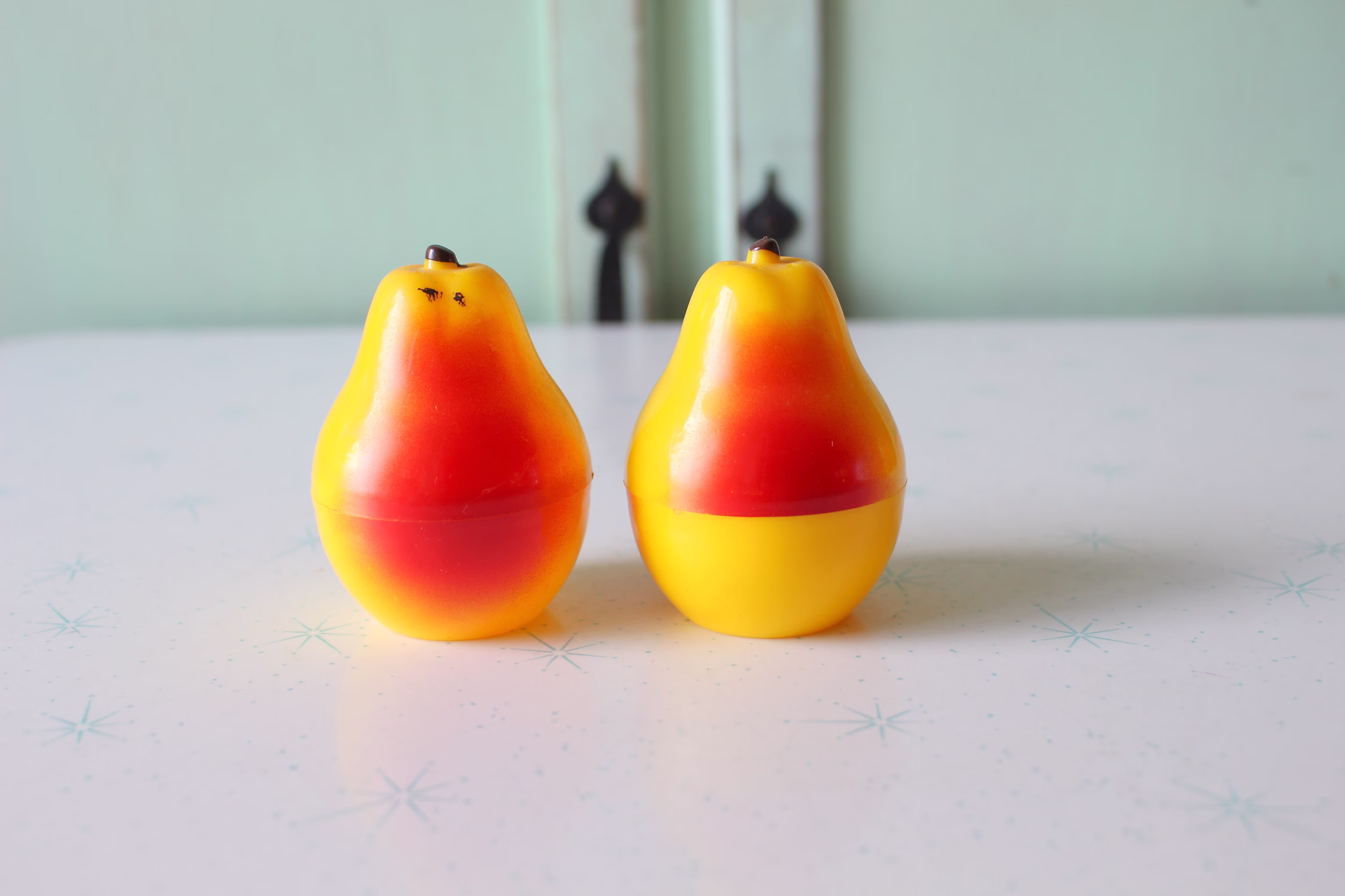 Vintage Pear Salt & Pepper Shakers....red. Yellow. 1980S. Retro. Vintage. Home Decor. Kitsch. Cooking. Fruit. Pantry. Collectibles