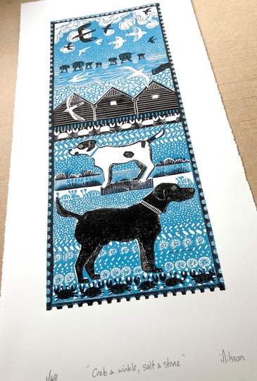 Crab & Winkle, Salt & Stone - Hand Made Lino Cut Print By Ingrid Nilsson, Gift For Dog Lovers, Swimmers, Seaside, Linoleum