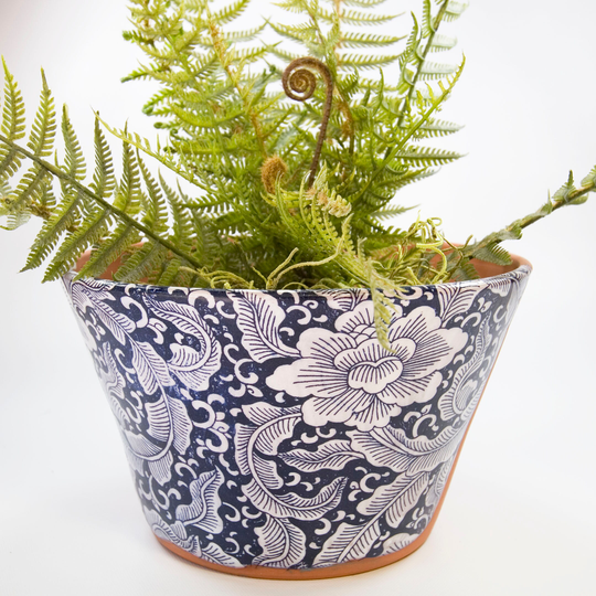 Eight Inch Diameter Planter, Large Handmade Planter With Blue & White Orchid Design, Asian Motif Planter, Terra Cotta Clay, Gift For Gardener