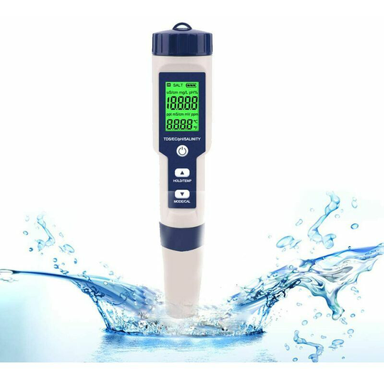 Joorrt - Electronic ph Meter Tester, 5 in 1 ph Tester Pocket Thermometer Water Quality ph ec Salt tds for Home, Pool, Aquarium Water