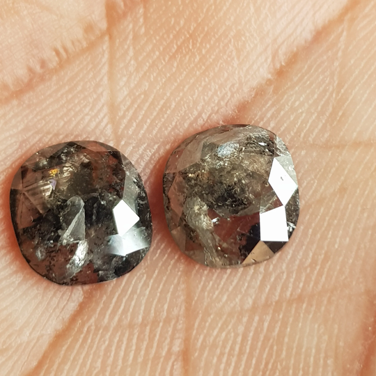 9.7mm/4.14Ctw Matched Pair Clear Grey/Black Cushion Shaped Salt & Pepper Faceted Rose Cut Diamond Loose, Ring, Dds715/7