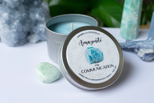 Amazonite Crystal Candle Tin/Green Tea & Lemongrass Scented Healing Spiritual Communication Intention