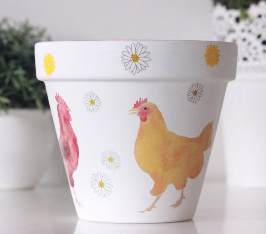 Chicken Home Decor, Plant Pot, Chicken Gift, Chicken, Decorative Country Terracotta Painted Pot