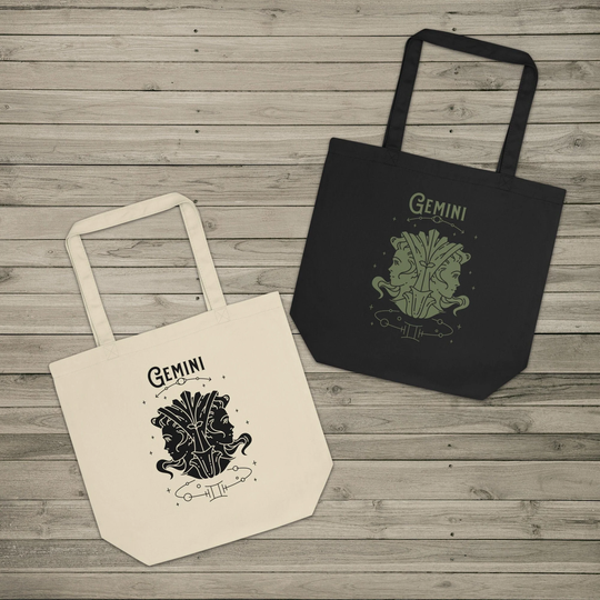 Gemini Zodiac Eco Friendly Organic Cotton Canvas Reusable Tote Bag, Astrology Celestial Market Shopping Witchy Sustainable Gift