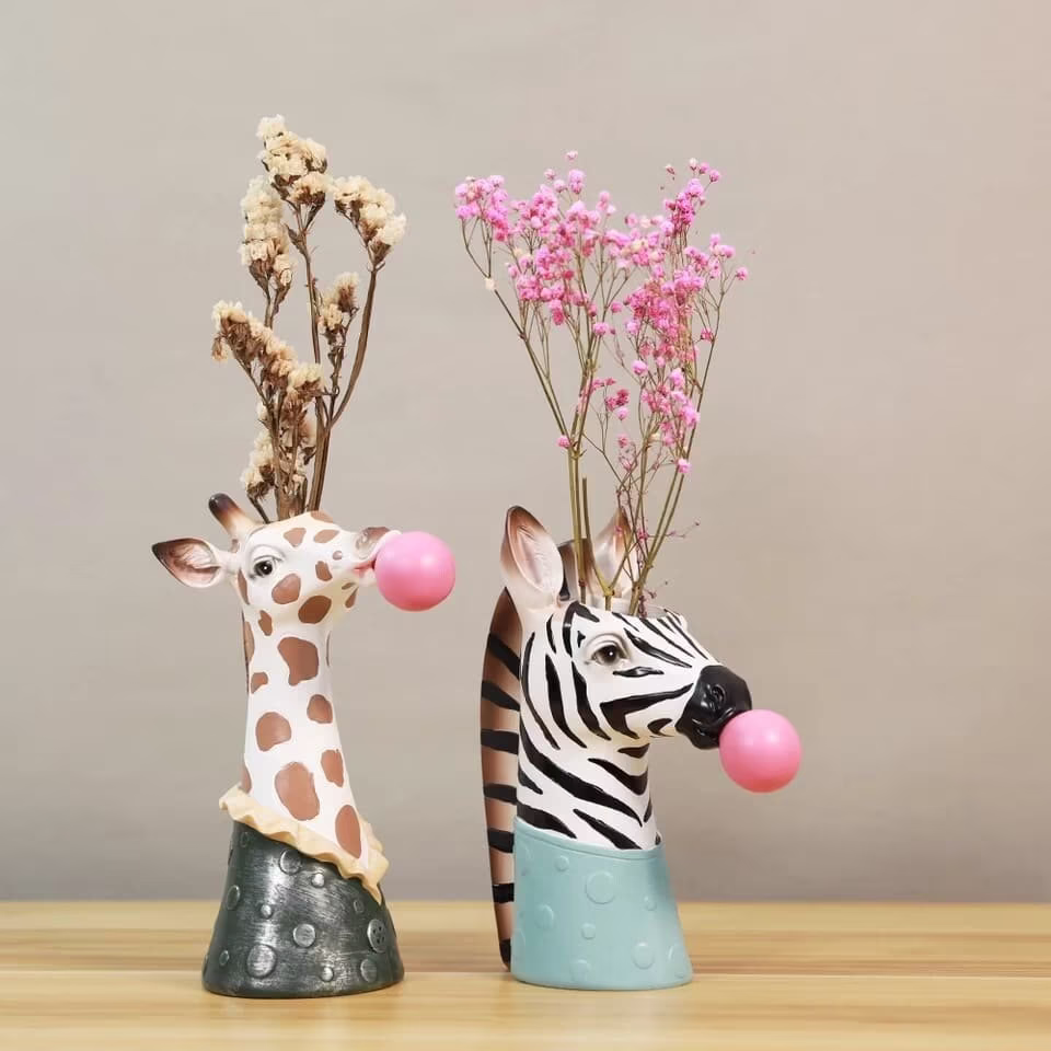 Cute Zebra Flower Vase | Giraffe Personalized Animal Planter Sculpture Panda Head Decoration