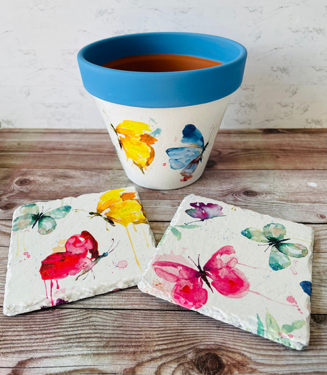 Butterfly Plant Pot & Coaster Set, Flower Pot, Gardener Gifts, Coasters, Garden Lovers, Butterflies