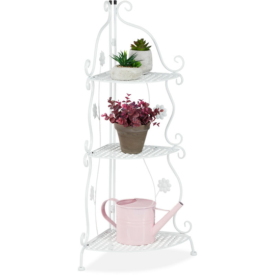 Metal Plant Stand, 3 Tiers, Decorative Rack, Indoor & Outdoor, HxWxD: 82.5 x 31 x 31 cm, Corner Shelf, White - Relaxdays