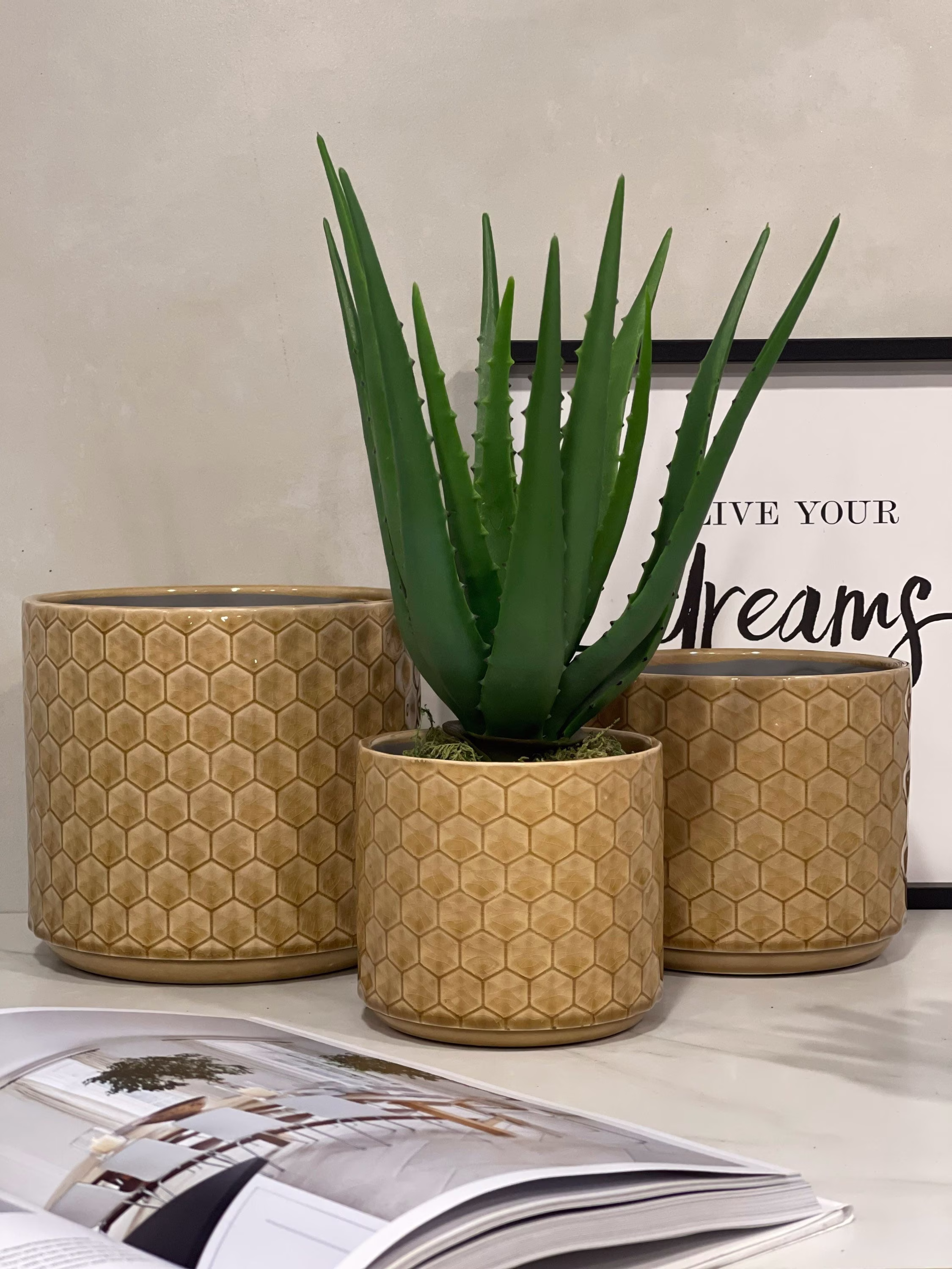 Ceramic Yellow Planters With Honeycomb Finish, Matching Plant Pots, Indoor Patterned Planters, Mustard Pots