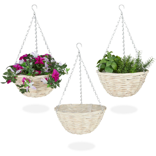 Relaxdays - Set of 3 Hanging Plant Basket, Handmade Rattan Wicker, with Foil, Light Flower Pots, HxØ: 15 x 30 cm, Natural
