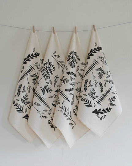 Cloth Napkins - Set Of 4 Organic Cotton Tea Towels Woodland Fern Eco Friendly Table Setting Unpaper Flour Sack Black