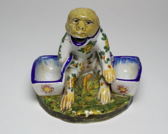 Rare Antique 19Thc. Keller Et Guerin St. Clement Faience Monkey Cruet Open Salt Mustard