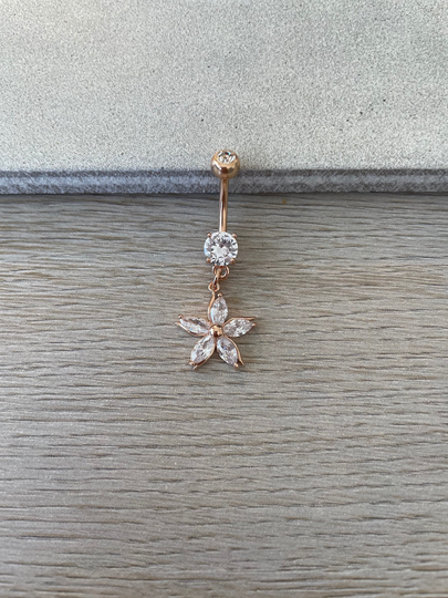 Hibiscus Rose Gold Flower Button Ring | Dainty Minimalist Belly Rings Delicate Crystal Surgical Navel Hawaii Flower