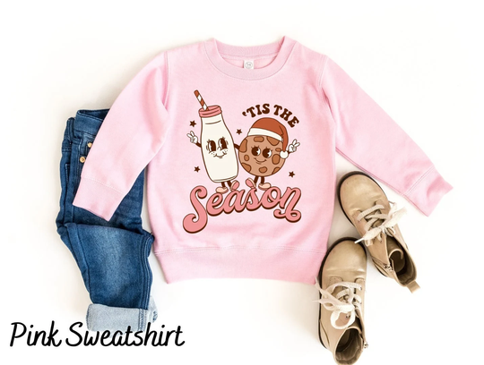 Christmas Sweatshirts, Tis The Season, Milk & Cookies Shirt, Cute Groovy Retro Toddler Kids Youth Matching, Xmas Holiday Crewneck Gifts