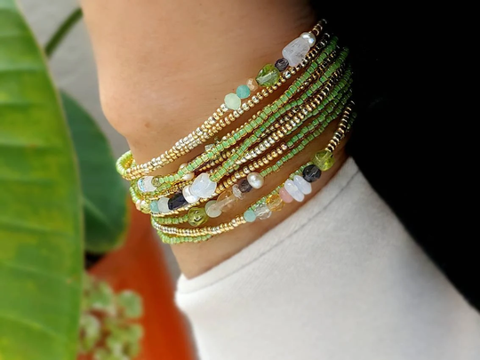Peridot, Iolite & Pearl Extra Long Seed Bead Wrap Bracelet