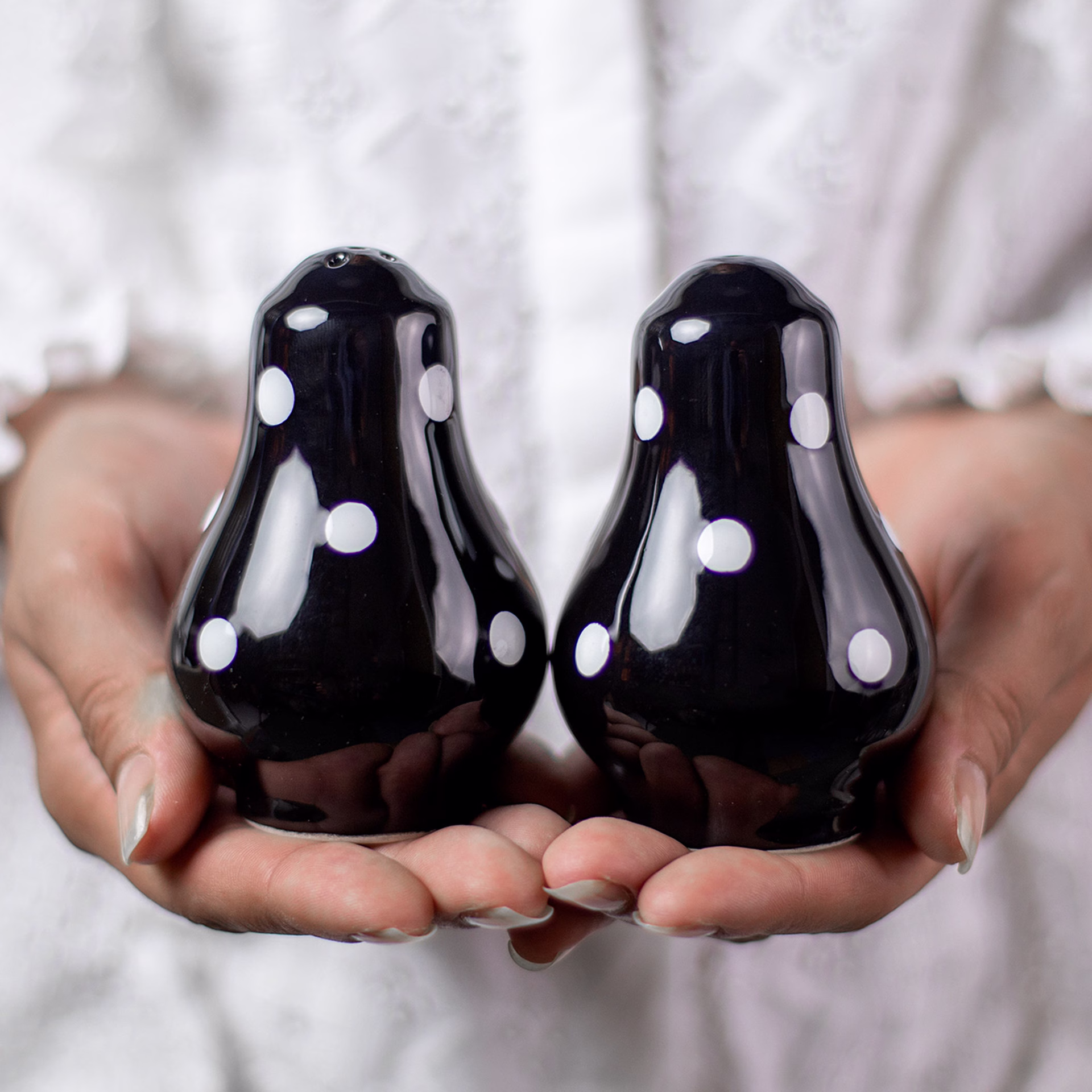 Salt & Pepper Shakers, Ceramic Cruet Set, Handmade Pottery, Black White Polka Dot Pots, Country Cottage Style, Housewarming Gift