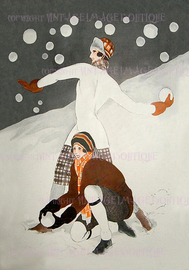Antique 1920's Lovely Flappers Having A Snowball Fight Christmas Season Winter Solstice Holiday 5x7 Greeting Card
