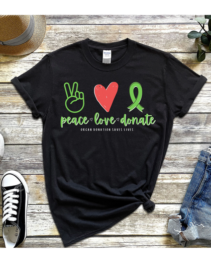 Organ Donation Awareness T-Shirt, Transplant Survivor Shirt, Peace Love Donate