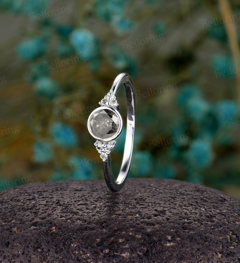Salt Pepper Diamond Engagement Ring White Gold Vintage Blue Topaz Unique Art Deco Wedding Bezel Set Anniversary Promise