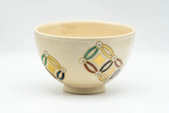 Japanese Matcha Bowl - Gold Geometric Patterned Kyo-Yaki Chawan 300Ml