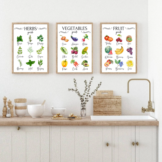 Set Of 3 Herbs Vegetables & Fruit Guide Kitchen Prints // Modern Art, Minimalist Art Print, Home Decor, Wall Posters