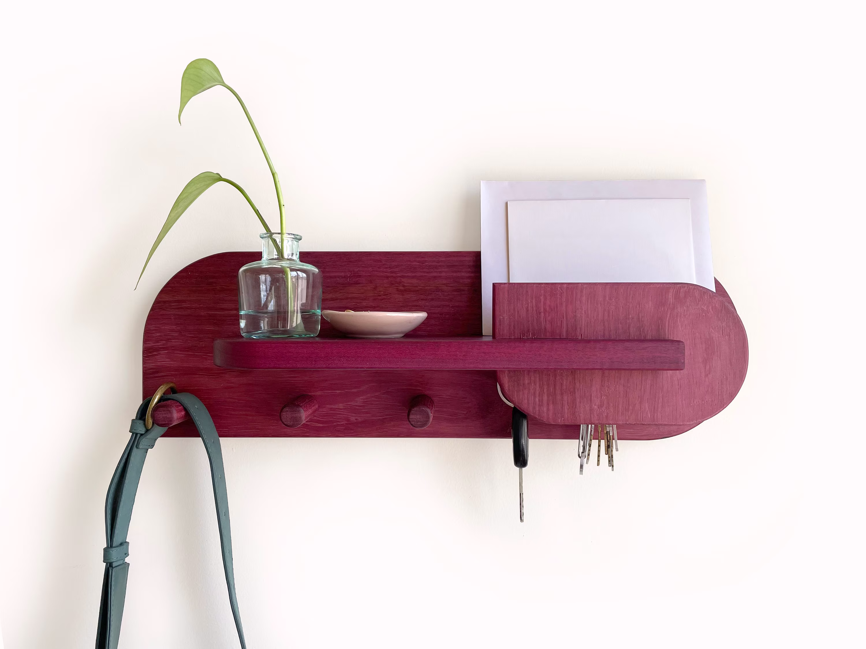 Exotic Purpleheart Entryway Organization, Wall Mount Coat Rack With Shelf, Key Holder, Mail Organizer, Home Decor
