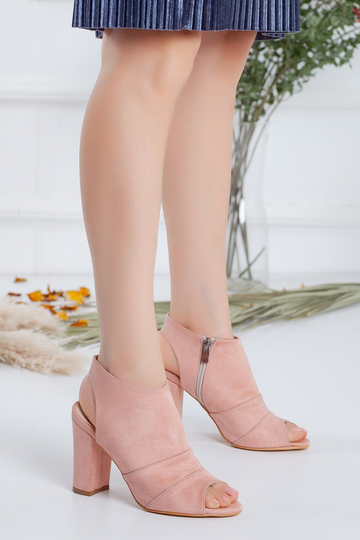 Pink Open Toes, Powder Pink Vegan Sandals, Suede Leather High Block Heels, Side Zip Classic Ankle Event Shoes, Gift For Women