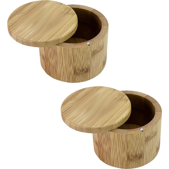 Bamboo Salt Box,Salt Holder With Lid, Salt Shaker, Cumin and Pepper Bowl with Magnetic Swivel Lid(2 pcs) bottle logo