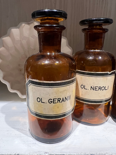 Lovely Old Amber Glass Medicinal Oil Bottle Ol Geranii, With Stopper Lid, Great Display Item