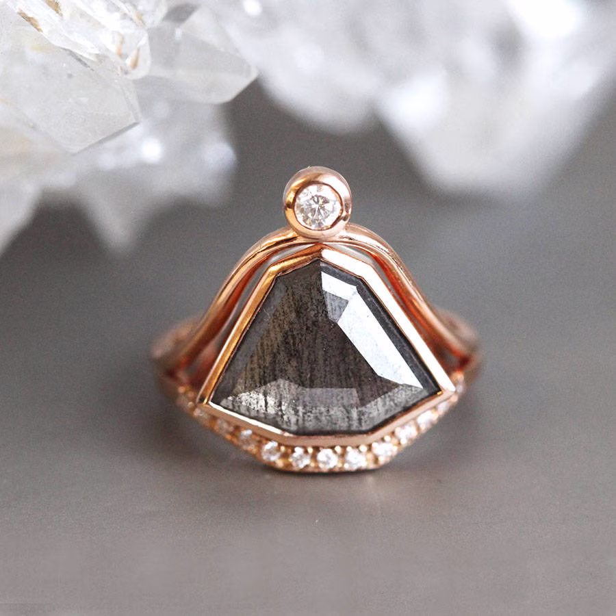 Salt + Pepper Diamond Engagement Ring With Curved Band, Rose Gold Ooak Engagement By Minimalvs