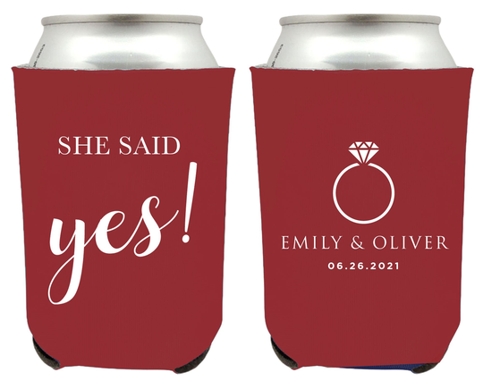 She Said Yes Wedding Can Coolers, Coolie, Beer Huggers, Personalized Insulators, Customized Coolie Favors | 348