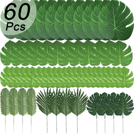 60 Pack Artificial Leaves in 6 Different Types, Imitation Tropical Plants for Table Decoration, Hawaiian or Beach Themed Parties.
