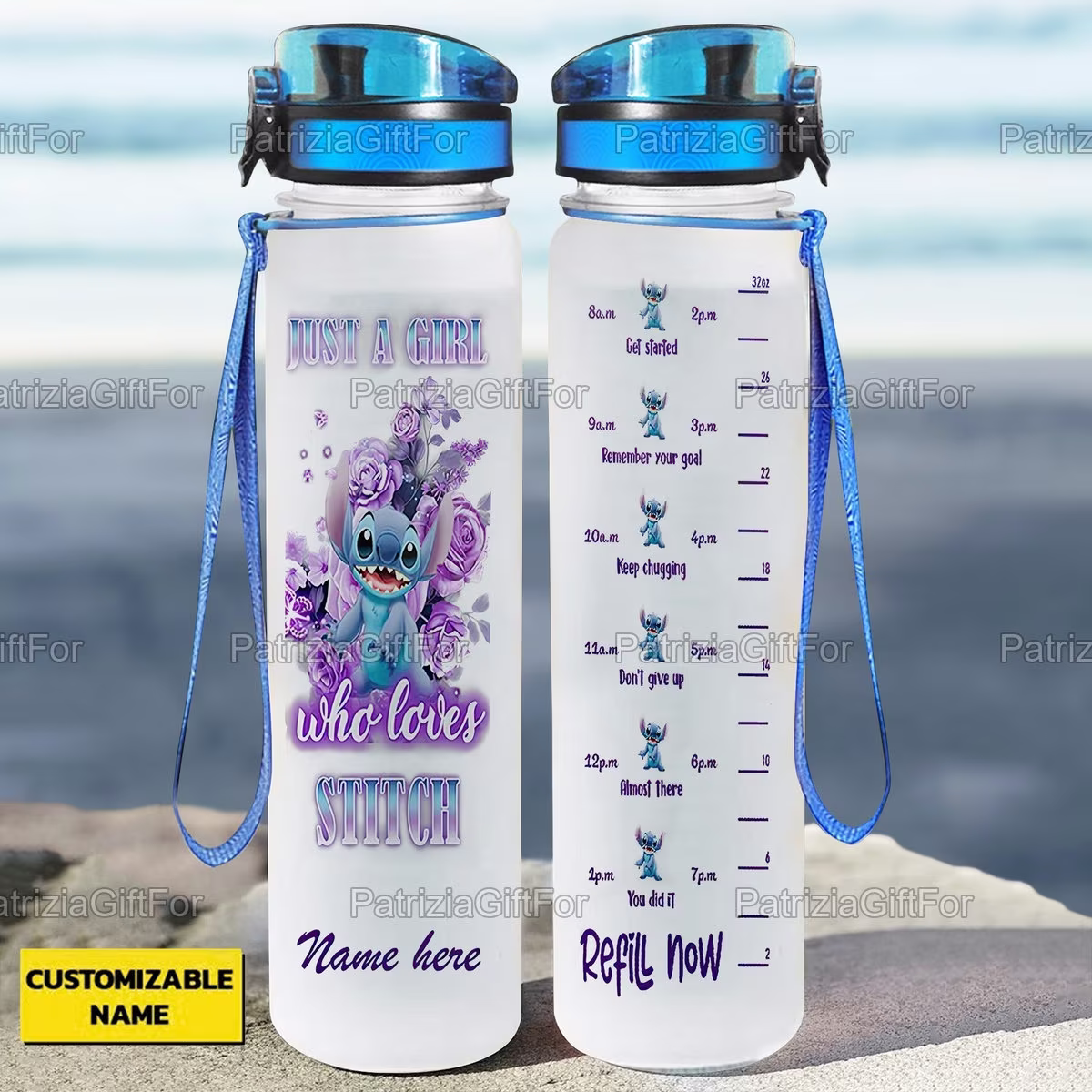 Just A Girl Who Loves Stitch Water Tracker Bottle, Personalized Funny Workout Stitch, Christmas Gifts