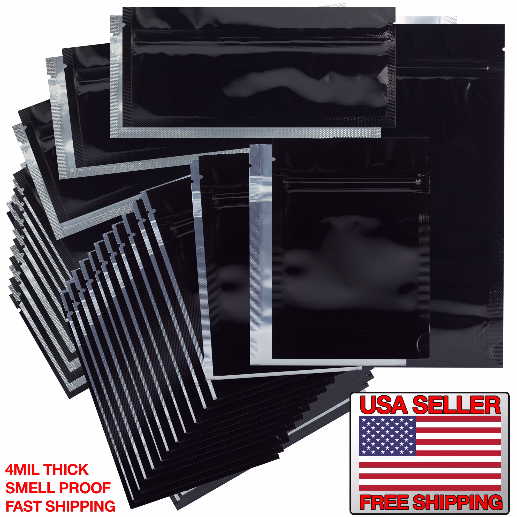 100 Pack - Gloss Black/Clear Barrier Bags Smell Proof Zipper Resealable