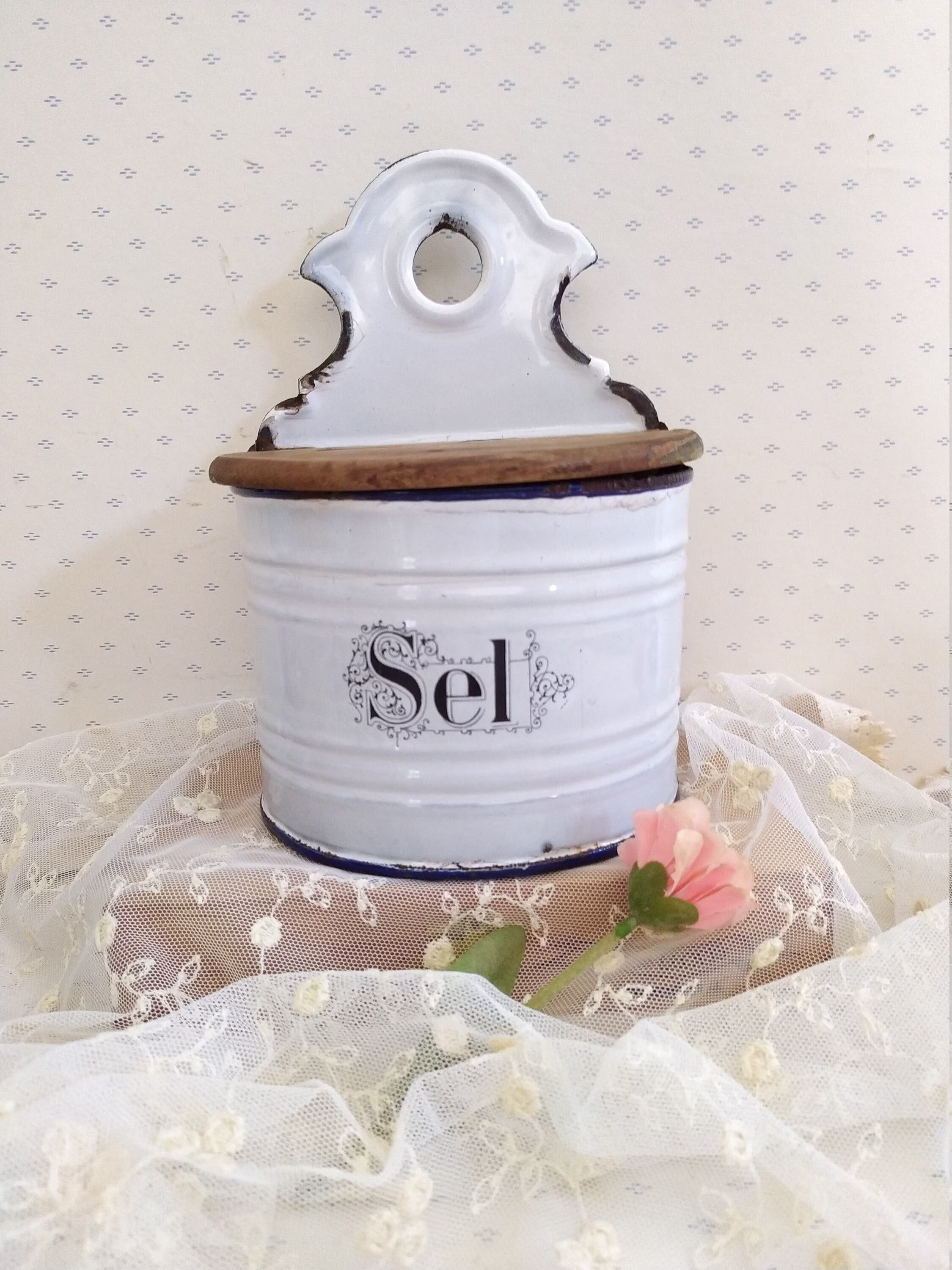 Antique French Salt Box, Vintage Enamel Box