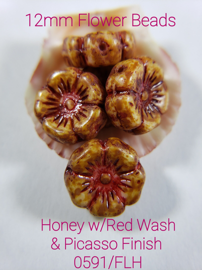 Honey W/Picasso Finish & Red Wash ~ Czech 12mm Glass Hibiscus Flower Beads 6 Bead Lots