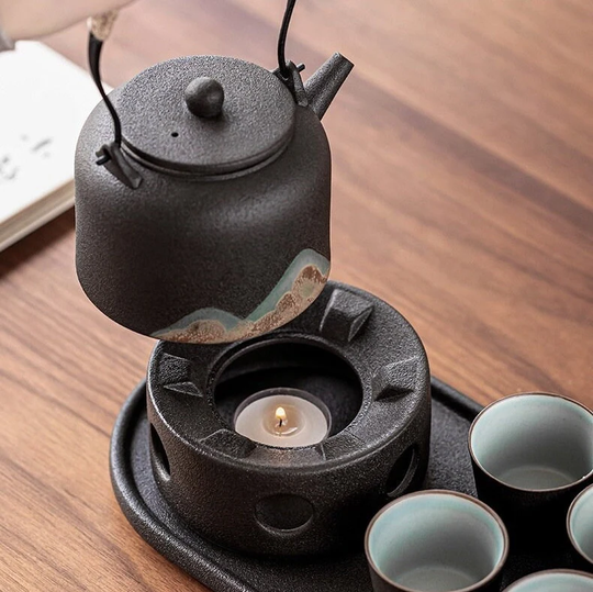 Tea Pot With Warmer Mountain Handpainted Japanese Green
