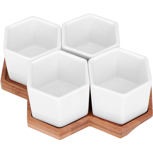 4Pcs Ceramic Plant Pot with Bamboo Tray Succulent Plant Planter Container Garden Desktop Decor