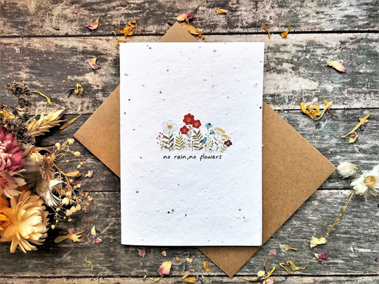 Plantable Seed Paper Card, No Rain No Flowers Card, Watercolour Flower Card, Birthday Cards, Positive Vibes Card, Inspirational Card, Floral Card