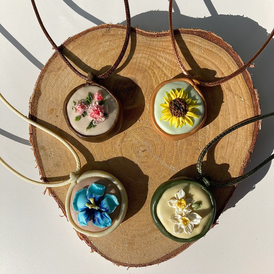 Floral Pendant Necklace With Flower Peony Daffodil Hibiscus Sunflower Polymer Clay Gift