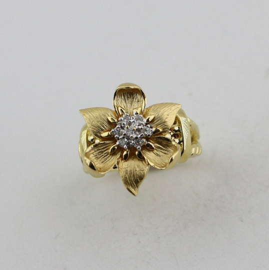 Vintage 14K Italy Yellow Gold Natural White Diamonds Flower Floral Design Statement Ring Size 6 Grg 62