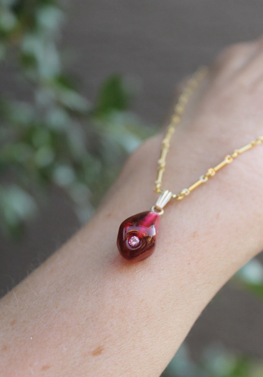 Exclusive Glass Pomegranate Seed Necklace in Gold Or Silver - Dainty Murano Paved with Mystic Topaz Lampwork Persian Granada
