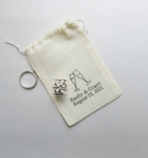 Personalized Wedding Ring Bearer Bag With Two Champagne Glasses Motif, Cotton Names & Date, Gift For Bride, Jewelry