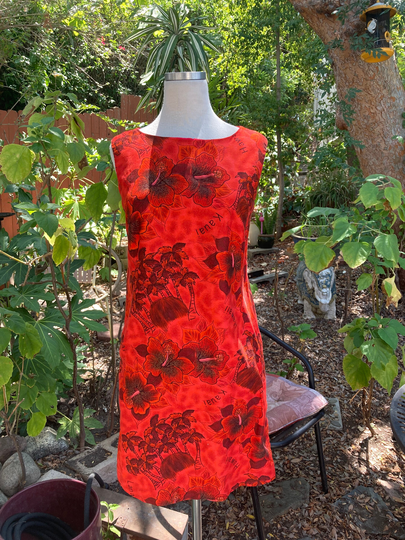 Vintage 60S 1970S Red Tiki Dress/ Scenic Print/Cotton Dress Bust= 36