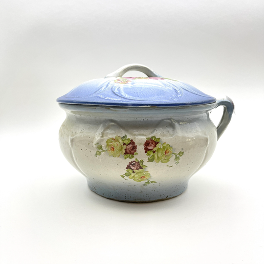 Vintage Salt Glaze Rose Decal Diffused Blue Stoneware Chamber Pot