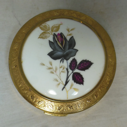 Vintage Regent Of London Gold Tone Powder Compact/ Make-Up Mirror - White Porcelain Lid With Black Rose Cosmetic Retro Handbag England