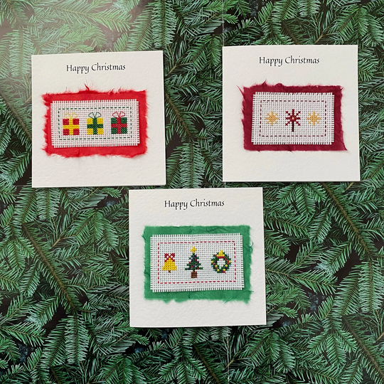 Christmas Card Pack Of 3 | Seasons Greetings Set Wreath Bell Tree Unique Special Keepsakes Happy New Year Handmade