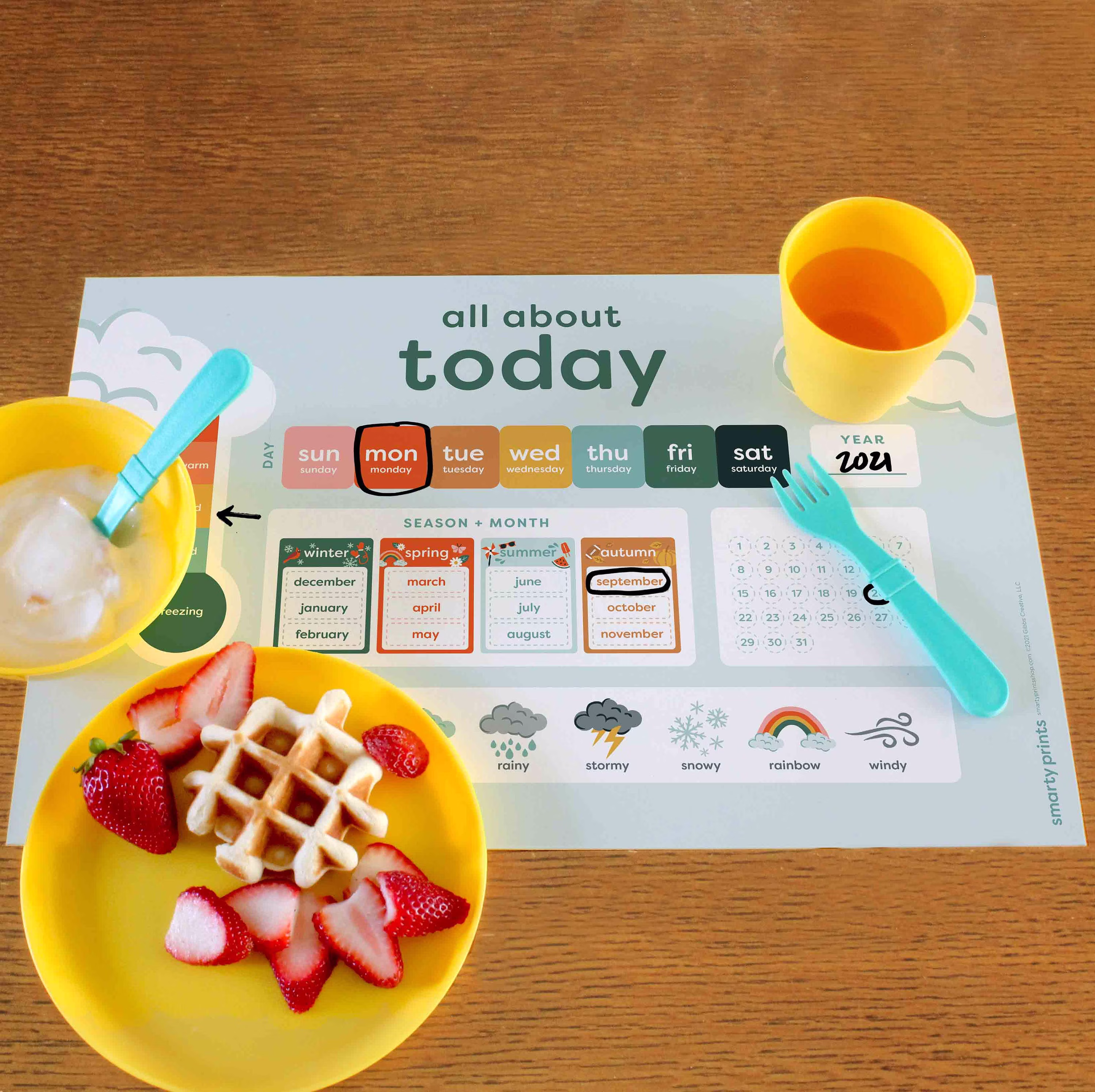 Daily Morning Board Placemat, Kids Calendar, Weather & Seasons Chart, Homeschool Materials, Wipeable Placemat 11x17