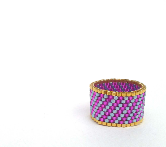 Seed Bead Ring, Pink & Blue Striped Beadwoven Beaded UK Seller