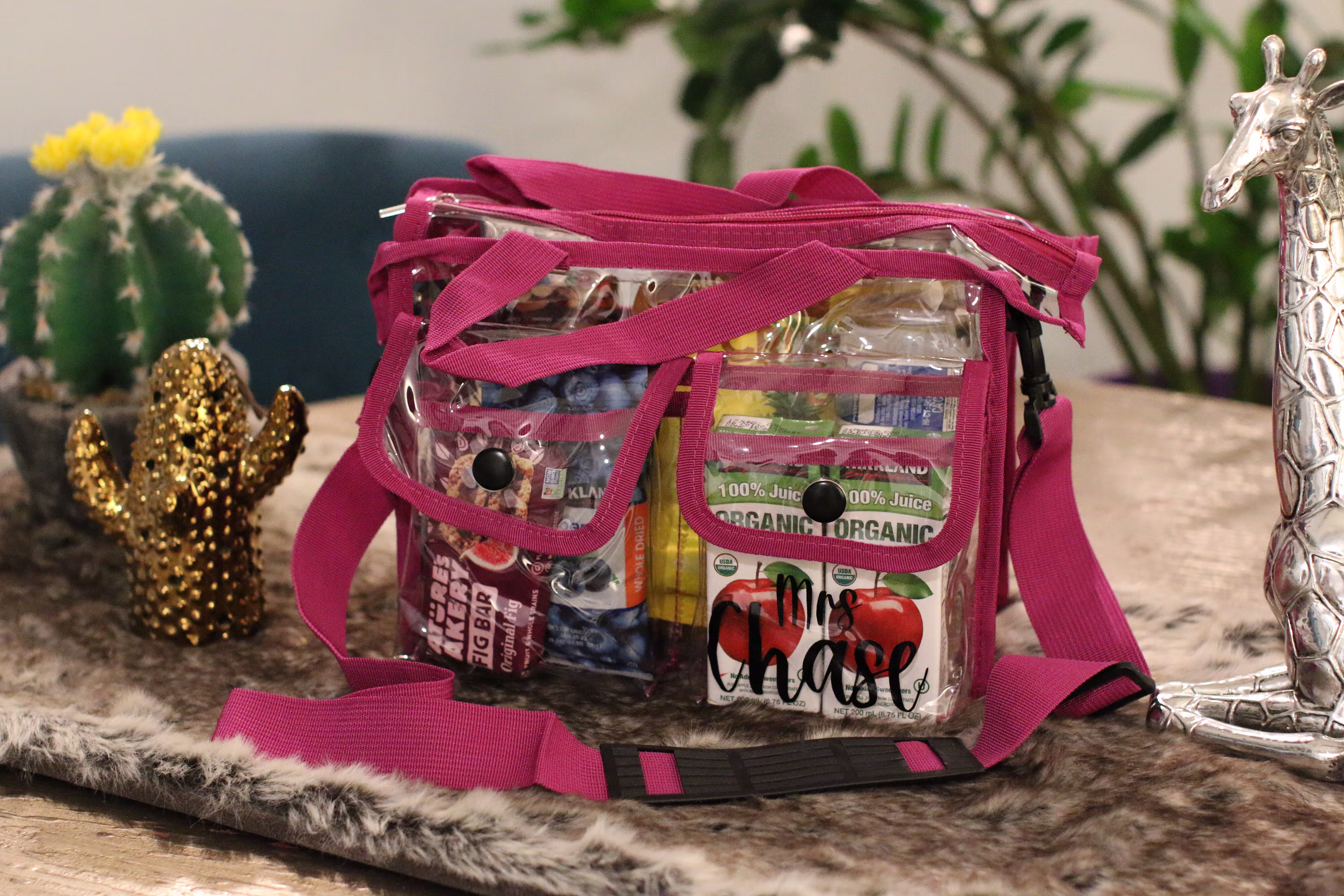 Clear Stadium Bag Lunch Box Toiletry Makeup Storage Cosmetics Purse Organizer - Magenta Purple Liner, Crossbody Shoulder Strap