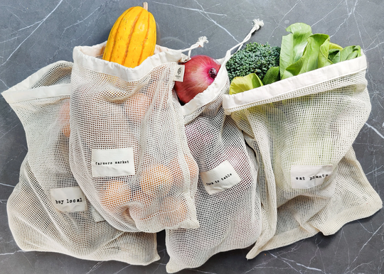 Sale Set Of 4 - 100% Organic Cotton Reusable Produce Bags | Buy Local, Eat Plants, Farm To Table, Farmers Market Sustainable Kitchen